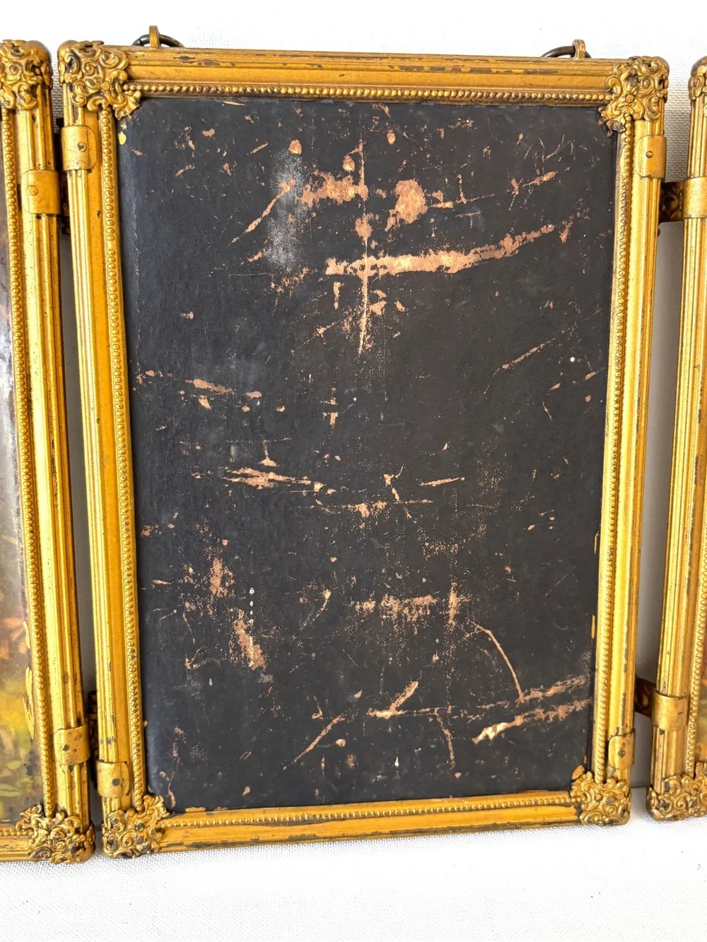Mirror: Antique Victorian Beveled Tri-Fold Hanging Brass Indian Floral Wall Art